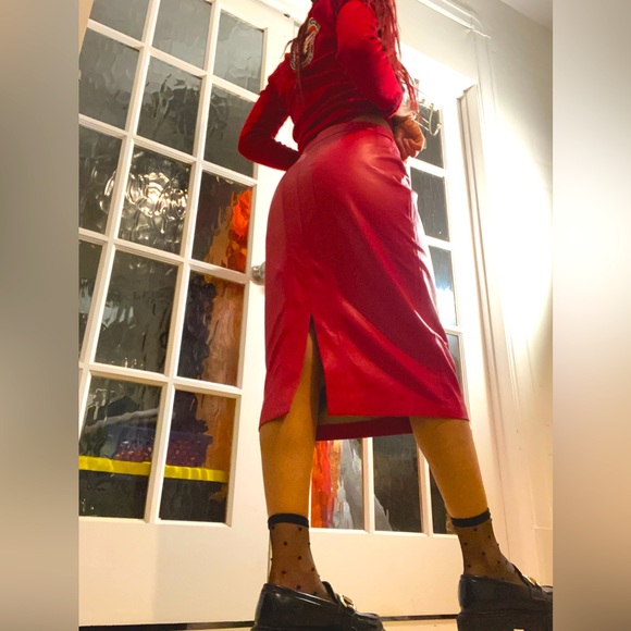 Red faux leather midi skirt - Picture 1 of 5